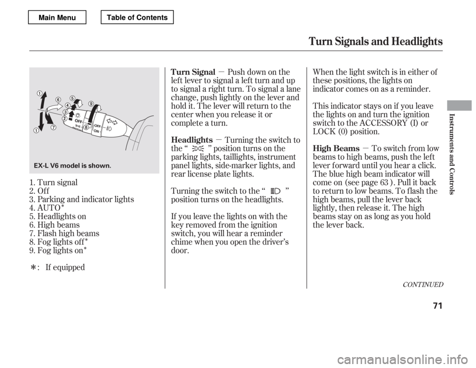 HONDA ACCORD 2012 8.G Manual PDF ÎÎ
Î
µ
µ
µ
Î Turn signal 
Of f
Parking and indicator lights
AUTO
Headlights on 
High beams 
Flashhighbeams
Fog lights of f
Fog lights on Push down on the
lef t lever to signal a lef t tu