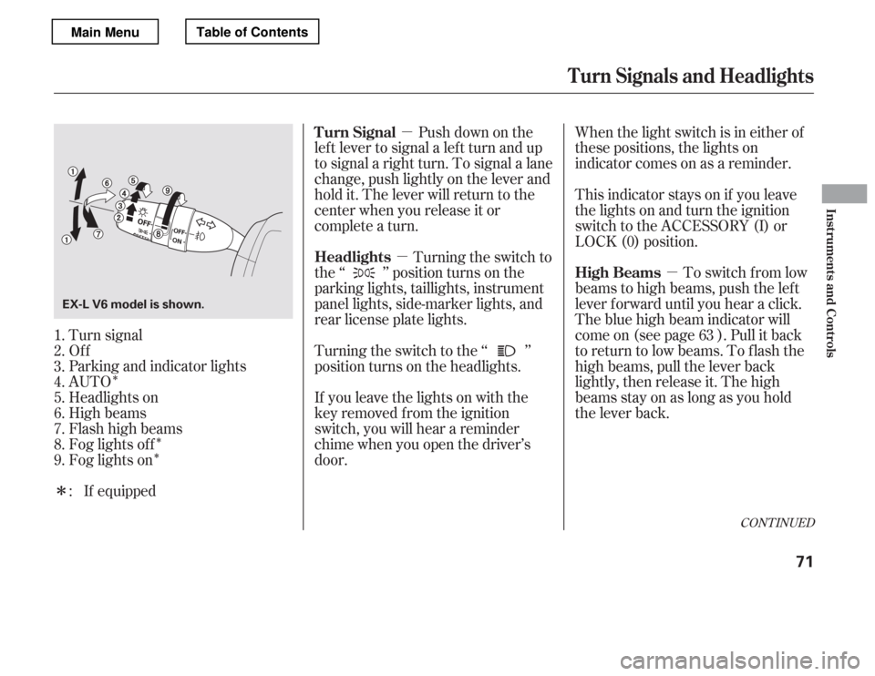 HONDA ACCORD 2012 8.G Owners Manual ÎÎ
Î
µ
µ
µ
Î Turn signal 
Of f
Parking and indicator lights
AUTO
Headlights on 
High beams 
Flashhighbeams
Fog lights of f
Fog lights on Push down on the
lef t lever to signal a lef t tu