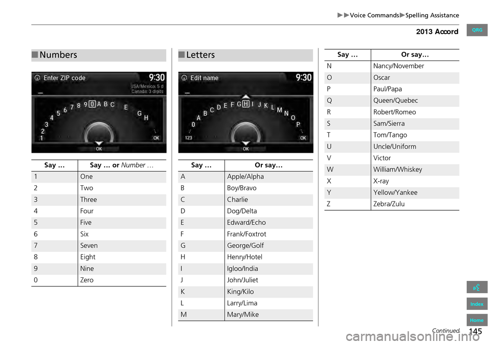 HONDA ACCORD 2013 9.G Navigation Manual 145
Voice CommandsSpelling Assistance
■Numbers
Say … Say … or Number …
1One
2T wo
3Three
4 Four
5Five
6S ix
7Seven
8E ig ht
9Nine
0 Zero
■Letters
Say … Or say…
AApple/Alpha
B B HONDA ACCORD 2013 9.G Navigation Manual 145
Voice CommandsSpelling Assistance
■Numbers
Say … Say … or Number …
1One
2T wo
3Three
4 Four
5Five
6S ix
7Seven
8E ig ht
9Nine
0 Zero
■Letters
Say … Or say…
AApple/Alpha
B B