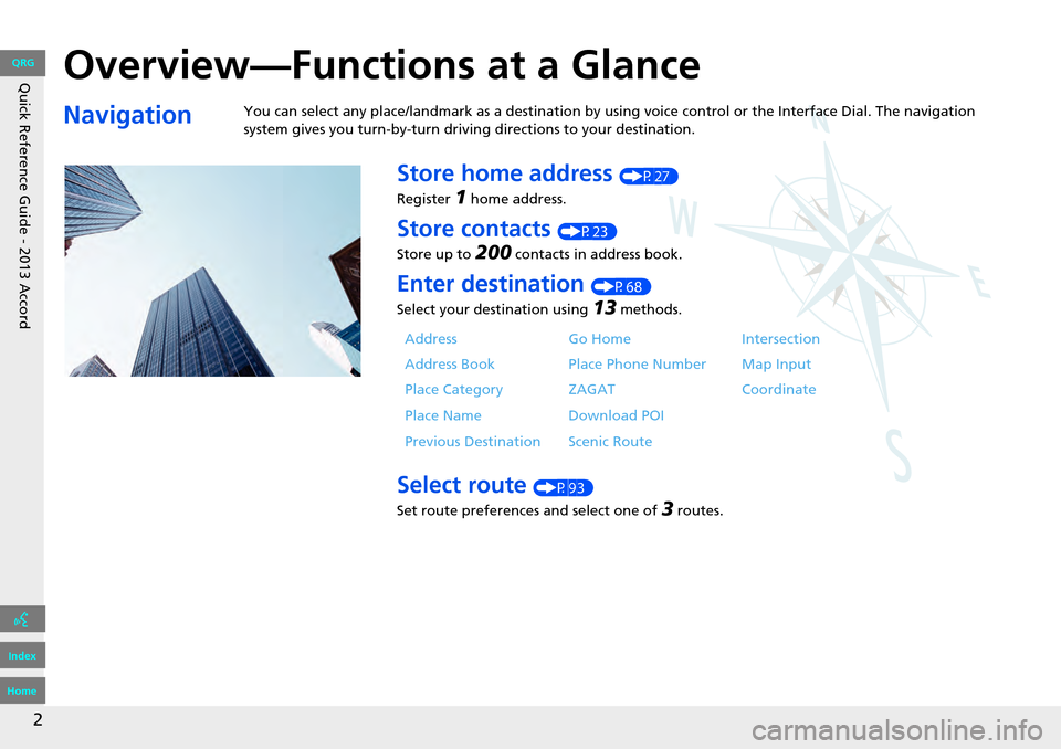 HONDA ACCORD 2013 9.G Navigation Manual Quick Reference Guide - 2013 Accord 
2
Overview—Functions at a Glance
NavigationYou can select any place/landmark as a destination by using voice control or the Interface Dial. The navigation 
syste