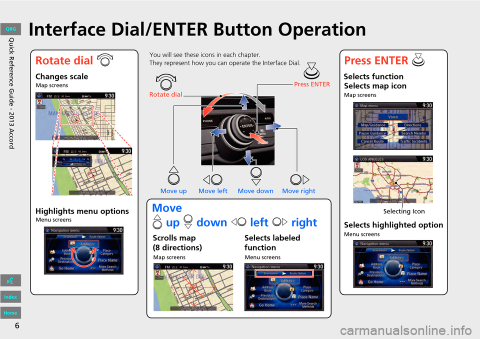 HONDA ACCORD 2013 9.G Navigation Manual 6
Quick Reference Guide - 2013 AccordInterface Dial/ENTER Button Operation
You will see these icons in each chapter.
They represent how you can operate the Interface Dial.
Changes scaleMap screens
Hig