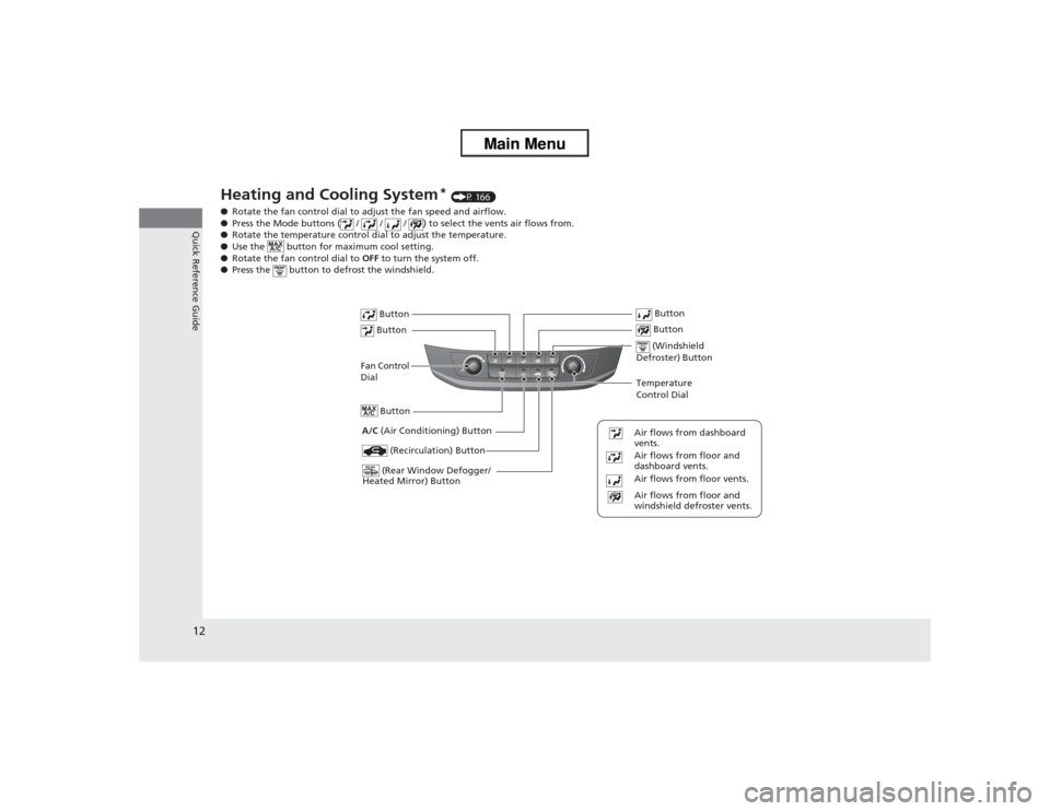 HONDA ACCORD 2013 9.G User Guide 12Quick Reference Guide
Heating and Cooling System
* (P 166)
● Rotate the fan control dial to adjust the fan speed and airflow.
● Press the Mode buttons ( / / / ) to select the vents air flo HONDA ACCORD 2013 9.G User Guide 12Quick Reference Guide
Heating and Cooling System
* (P 166)
● Rotate the fan control dial to adjust the fan speed and airflow.
● Press the Mode buttons ( / / / ) to select the vents air flo