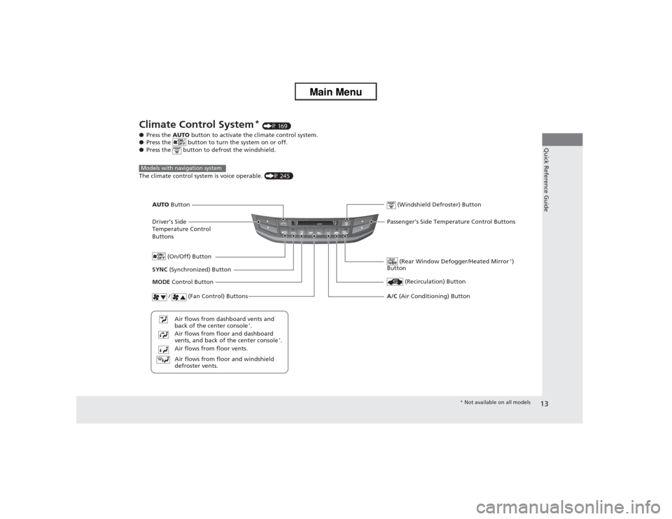 HONDA ACCORD 2013 9.G User Guide 13Quick Reference Guide
Climate Control System
* (P 169)
● Press the  AUTO button to activate the climate control system.
● Press the   button to turn the system on or off.
● Press the   button 