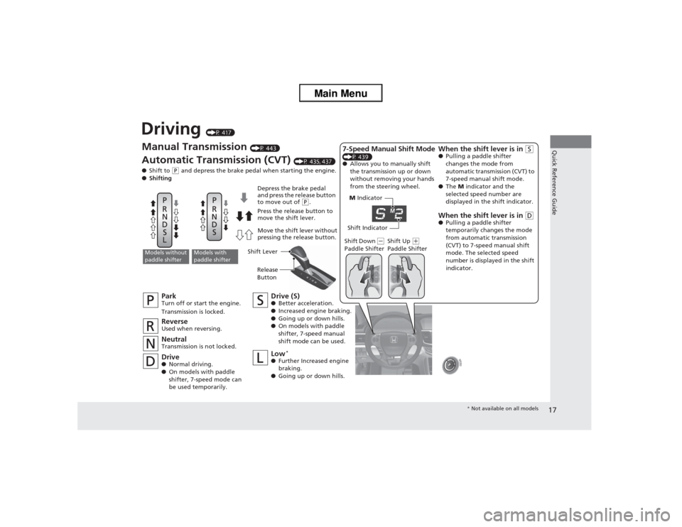 HONDA ACCORD 2013 9.G Owners Manual 17Quick Reference Guide
Driving 
(P 417)
M Indicator
Shift Indicator
Manual Transmission 
(P 443)
Automatic Transmission (CVT) 
(P 435, 437)
● Shift to 
(P and depress the brake pedal when starting 