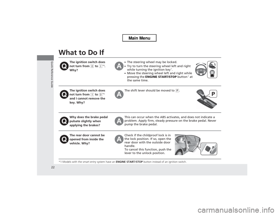 HONDA ACCORD 2013 9.G Owners Manual 22Quick Reference Guide
What to Do If*1:Models with the smart entry system have an ENGINE START/STOP button instead of an ignition switch.
The ignition switch does 
not turn from 
(0 to 
(q*1. 
Why?
�