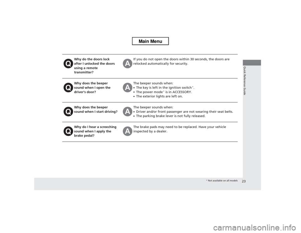 HONDA ACCORD 2013 9.G Owners Manual 23Quick Reference Guide
Why do the doors lock 
after I unlocked the doors 
using a remote 
transmitter?
If you do not open the doors within 30 seconds, the doors are 
relocked automatically for securi