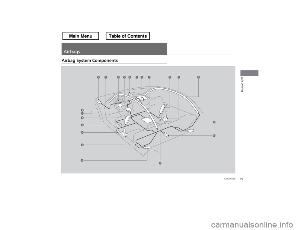 HONDA ACCORD 2013 9.G Owners Guide 39
Continued
Safe Driving
AirbagsAirbag System Components
6
7
8
9
8
8
8
8
8
10
11
12 