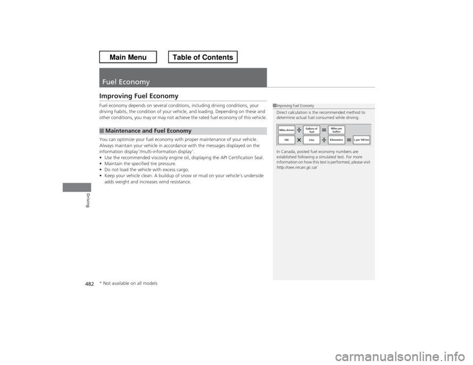 HONDA ACCORD 2013 9.G Service Manual 482Driving
Fuel EconomyImproving Fuel EconomyFuel economy depends on several conditions, including driving conditions, your 
driving habits, the condition of your vehicle, and loading. Depending on th