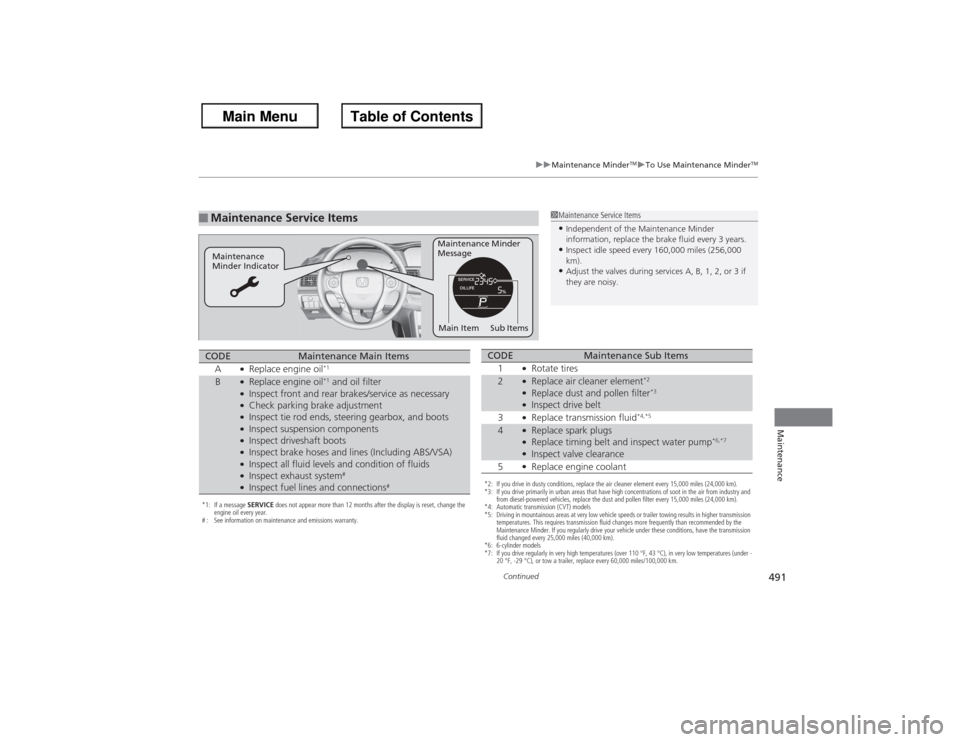 HONDA ACCORD 2013 9.G Service Manual 491
uu Maintenance Minder
TMuTo Use Maintenance Minder
TM
Continued
Maintenance
■Maintenance Service Items
1Maintenance Service Items•Independent of the Maintenance Minder 
information, replace th