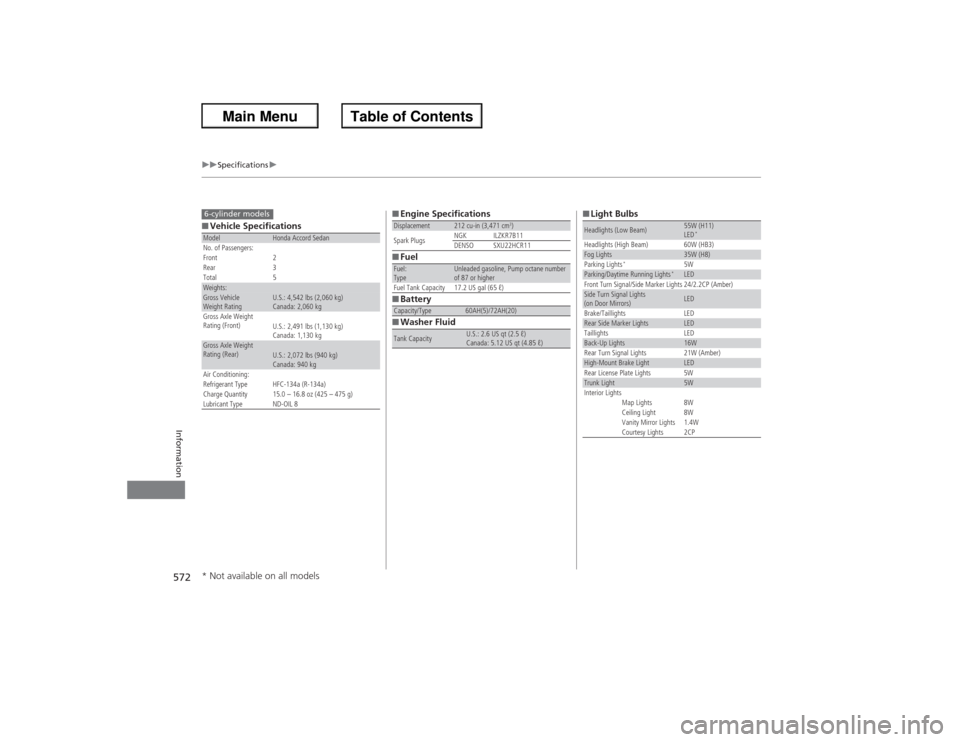 HONDA ACCORD 2013 9.G Workshop Manual 572
uu Specifications u
Information
■Vehicle SpecificationsModel
Honda Accord Sedan
No. of Passengers:
Front 2
Rear 3
Total 5
Weights:Gross Vehicle 
Weight Rating 
U.S.: 4,542 lbs (2,060 kg)
Canada: