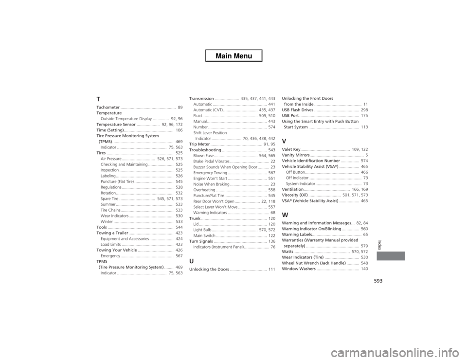 HONDA ACCORD 2013 9.G Workshop Manual 593Index
TTachometer ................................................  89
Temperature Outside Temperature Display ..............  92, 96
Temperature Sensor ....................  92, 96, 172
Time (Sett