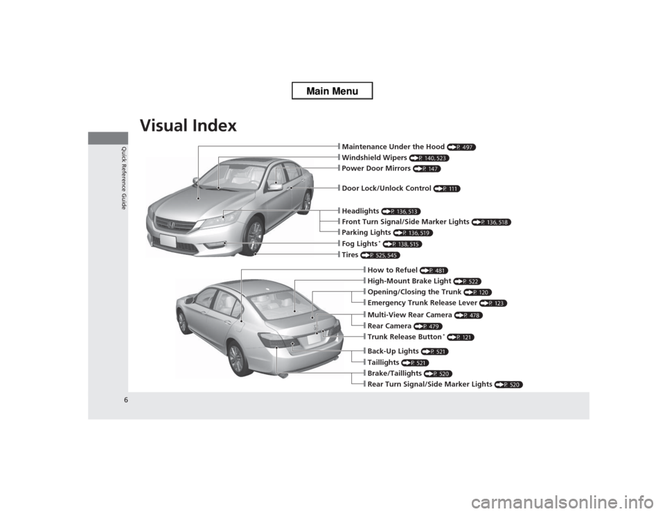 HONDA ACCORD 2013 9.G Owners Manual Visual Index
6Quick Reference Guide
❙Maintenance Under the Hood
(P 497)
❙Windshield Wipers
(P 140, 523)
❙Tires
(P 525, 545)
❙Door Lock/Unlock Control
(P 111)
❙Power Door Mirrors
(P 147) HONDA ACCORD 2013 9.G Owners Manual Visual Index
6Quick Reference Guide
❙Maintenance Under the Hood
(P 497)
❙Windshield Wipers
(P 140, 523)
❙Tires
(P 525, 545)
❙Door Lock/Unlock Control
(P 111)
❙Power Door Mirrors
(P 147)