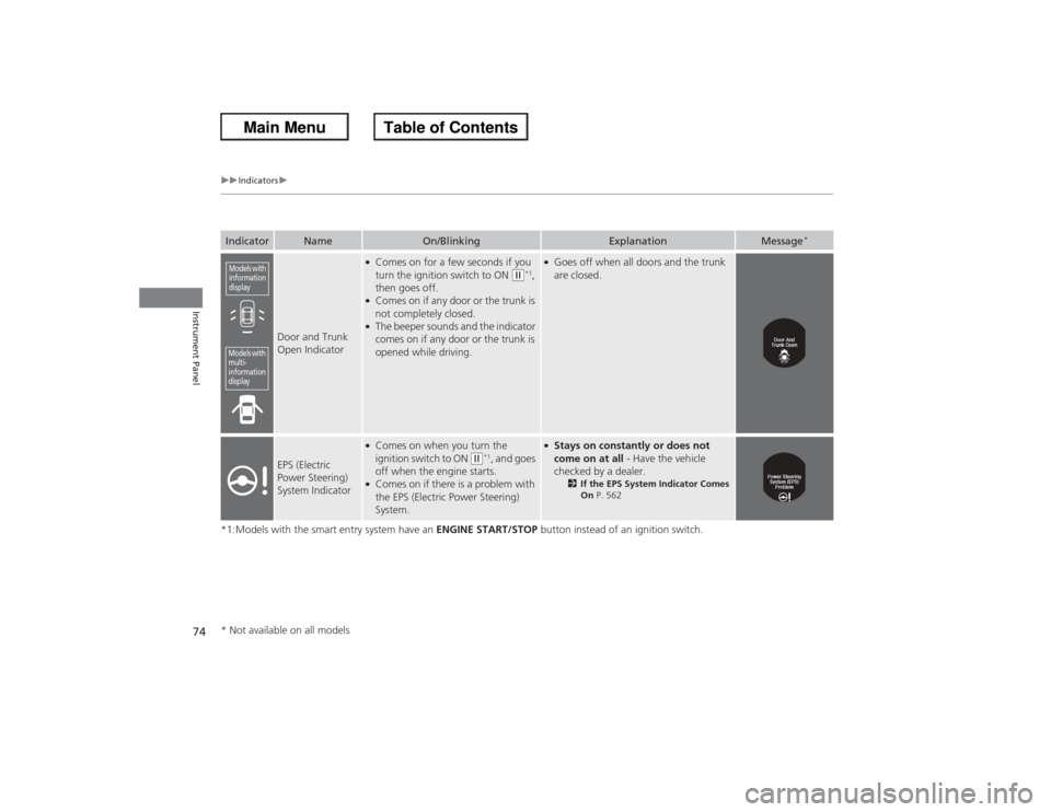 HONDA ACCORD 2013 9.G User Guide 74
uuIndicators u
Instrument Panel
*1:Models with the smart entry system have an  ENGINE START/STOP button instead of an ignition switch.Indicator
Name
On/Blinking
Explanation
Message
*
Door and Trunk