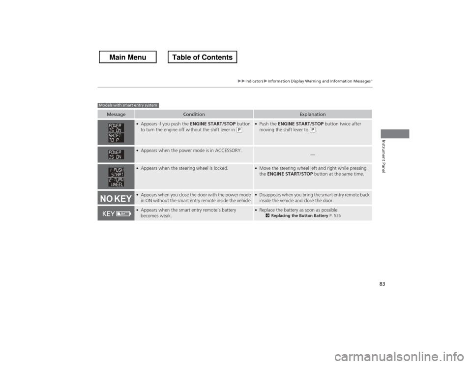 HONDA ACCORD 2013 9.G User Guide 83
uuIndicators uInformation Display Warning and Information Messages
*
Instrument Panel
Message
Condition
Explanation
●Appears if you push the  ENGINE START/STOP button 
to turn the engine off with