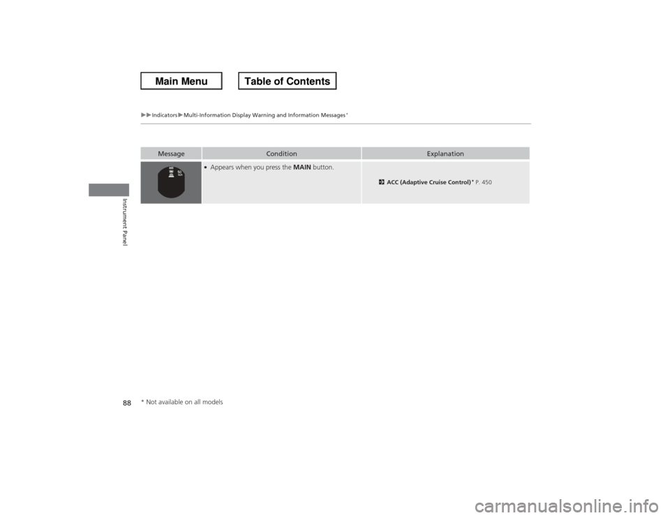 HONDA ACCORD 2013 9.G Owners Manual 88
uuIndicators uMulti-Information Display  Warning and Information Messages
*
Instrument Panel
Message
Condition
Explanation
●Appears when you press the  MAIN button.
2ACC (Adaptive Cruise Control)