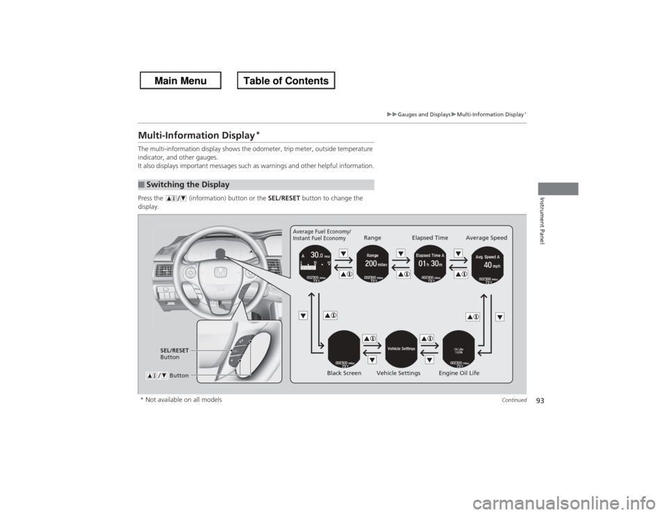 HONDA ACCORD 2013 9.G User Guide 93
uuGauges and Displays uMulti-Information Display
*
Continued
Instrument Panel
Multi-Information Display
*
The multi-information display shows the odometer, trip meter, outside temperature 
indicato