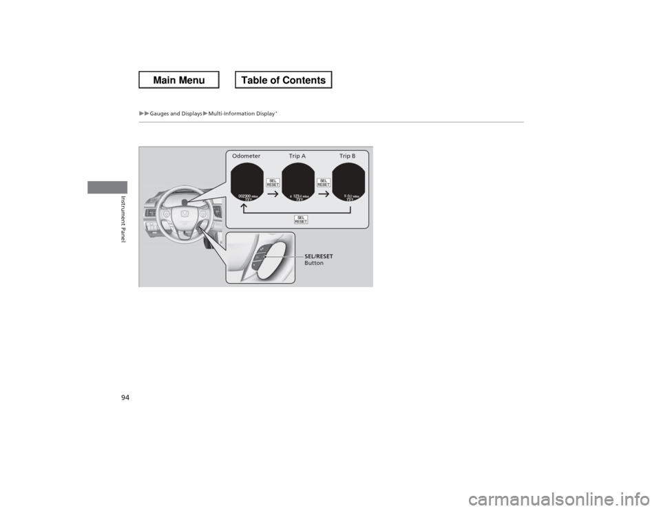 HONDA ACCORD 2013 9.G Owners Manual 94
uuGauges and Displays uMulti-Information Display
*
Instrument Panel
Odometer Trip A Trip B
SEL/RESET  
Button 