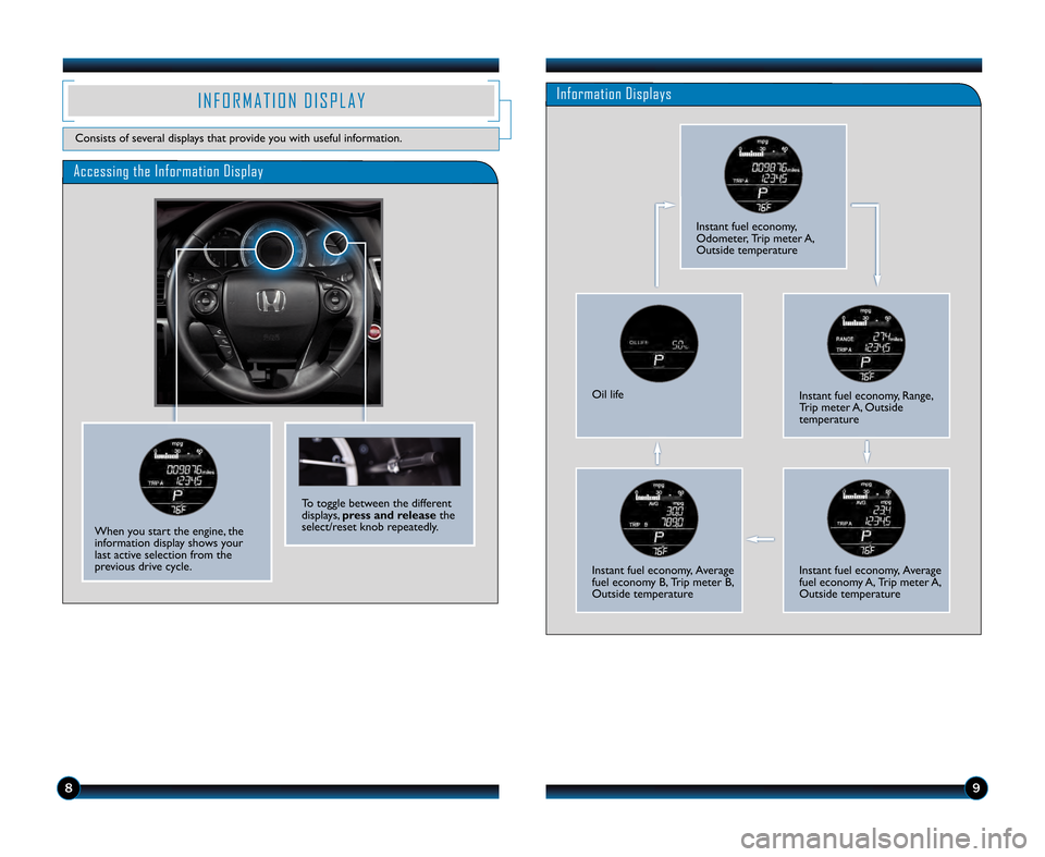 HONDA ACCORD SEDAN 2013 9.G Technology Reference Guide 89
Accessing the Information Display
Information DisplaysI N F O R M A T I O N D I S P L A Y
Consists of several displays that provide you with useful information.
When you start the engine, the
infor