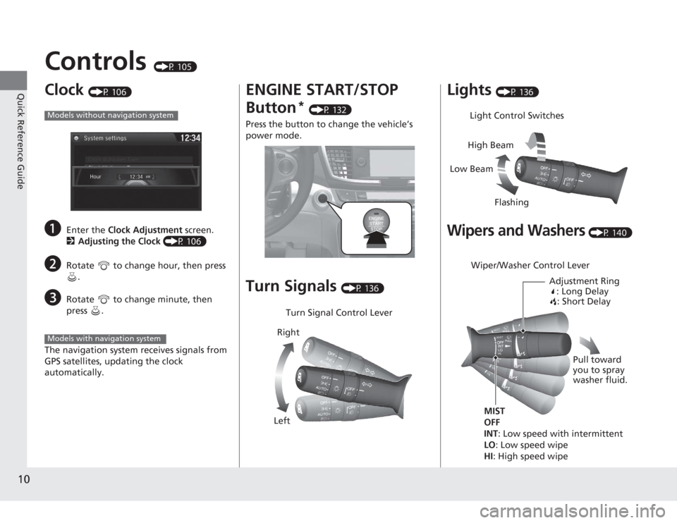 HONDA ACCORD 2014 9.G Owners Manual 10Quick Reference Guide
Controls
(P 105)
Clock
(P 106)
a
Enter the Clock Adjustment screen.
2 Adjusting the Clock (P 106)
b
Rotate to change hour, then press
.
c
Rotate to change minute, then HONDA ACCORD 2014 9.G Owners Manual 10Quick Reference Guide
Controls
(P 105)
Clock
(P 106)
a
Enter the Clock Adjustment screen.
2 Adjusting the Clock (P 106)
b
Rotate to change hour, then press
.
c
Rotate to change minute, then