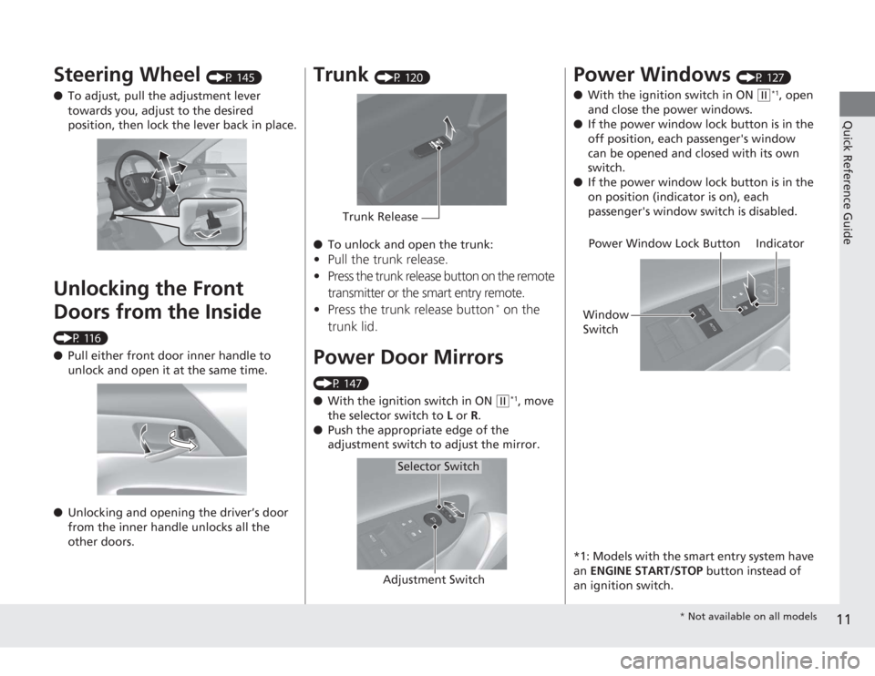 HONDA ACCORD 2014 9.G Owners Manual 11Quick Reference Guide
Steering Wheel 
(P 145)
● To adjust, pull the adjustment lever 
towards you, adjust to the desired 
position, then lock the lever back in place.
Unlocking the Front 
Doors fr