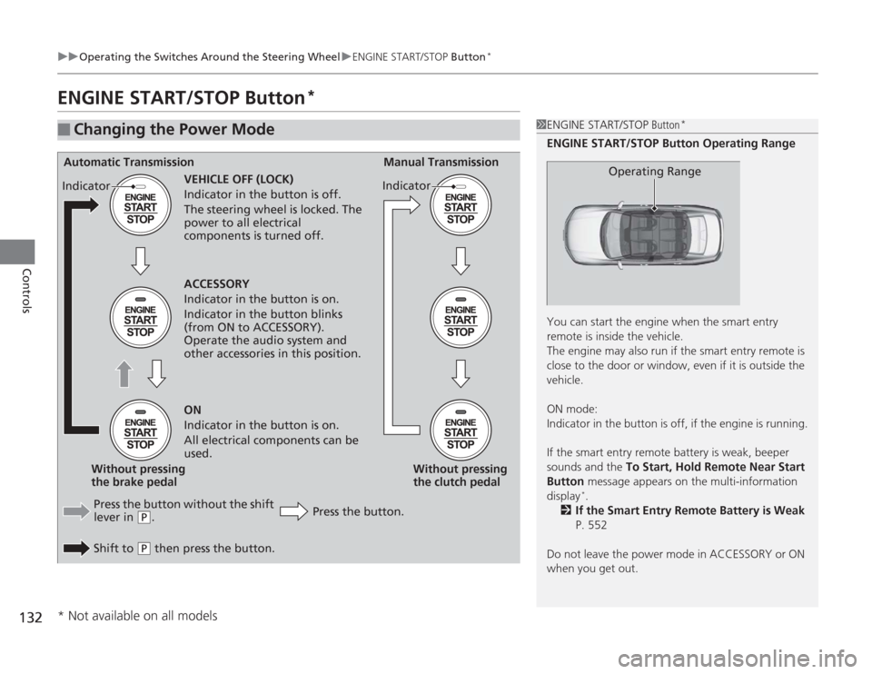 HONDA ACCORD 2014 9.G User Guide 132
uuOperating the Switches Around the Steering Wheel uENGINE START/STOP Button
*
Controls
ENGINE START/STOP Button
*
■
Changing the Power Mode
1ENGINE START/STOP  Button
*
ENGINE START/STOP Button