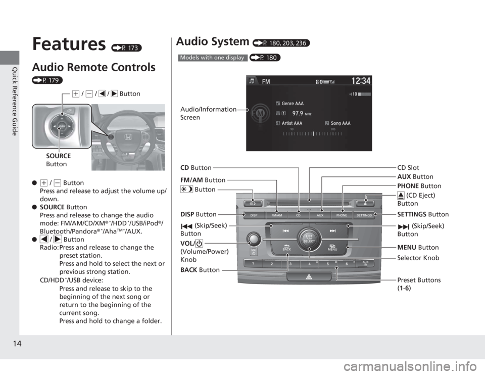 HONDA ACCORD 2014 9.G User Guide 14Quick Reference Guide
Features 
(P 173)
Audio Remote Controls (P 179)
●
(+
 / ( -
 Button
Press and release to adjust the volume up/
down.
● SOURCE  Button
Press and release to change the audio 