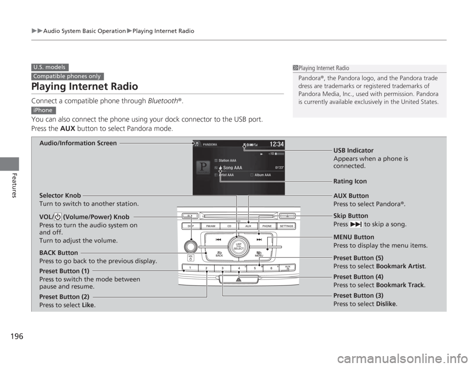 HONDA ACCORD 2014 9.G Owners Manual 196
uuAudio System Basic Operation uPlaying Internet Radio
Features
Playing Internet RadioConnect a compatible phone through  Bluetooth®.
You can also connect the phone using your dock connector to t