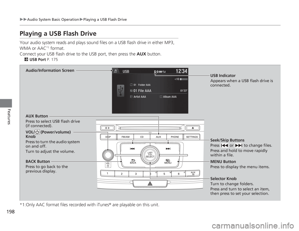 HONDA ACCORD 2014 9.G Owners Manual 198
uuAudio System Basic Operation uPlaying a USB Flash Drive
Features
Playing a USB Flash DriveYour audio system reads and plays sound files on a USB flash drive in either MP3, 
WMA or AAC
*1 format.