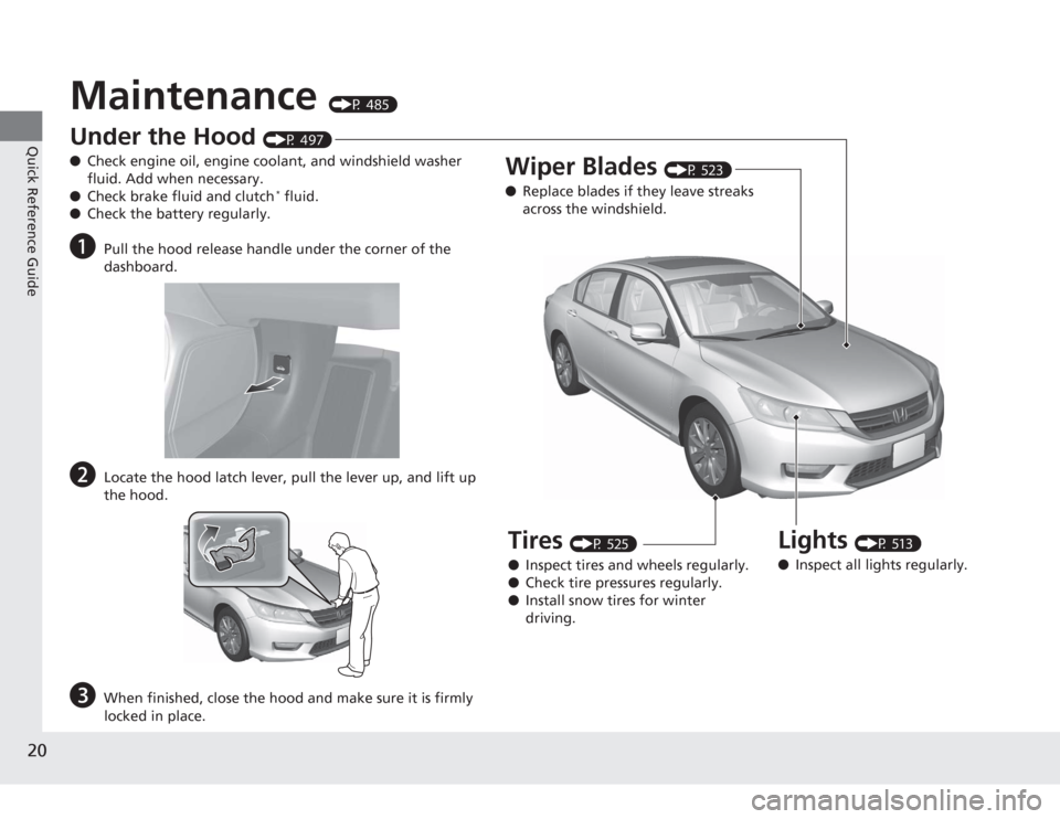 HONDA ACCORD 2014 9.G Owners Manual 20Quick Reference Guide
Maintenance 
(P 485)
Under the Hood 
(P 497)
● Check engine oil, engine coolant, and windshield washer 
fluid. Add when necessary.
● Check brake fluid and clutch* fluid.
�