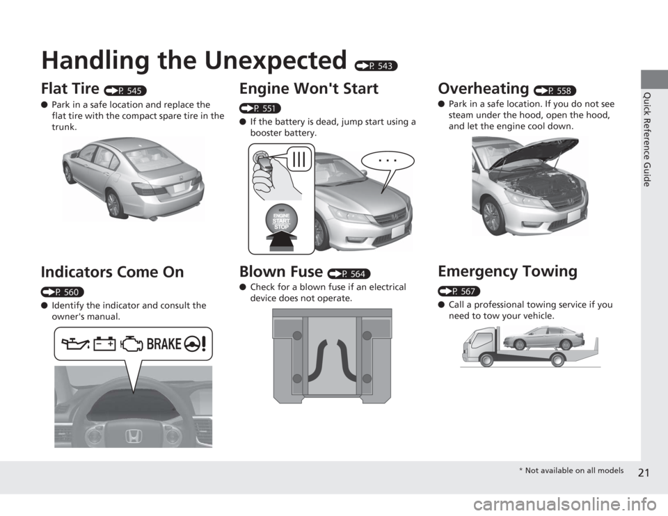 HONDA ACCORD 2014 9.G Owners Manual Quick Reference Guide21
Handling the Unexpected 
(P 543)
Flat Tire 
(P 545)
● Park in a safe location and replace the 
flat tire with the compact spare tire in the 
trunk.
Indicators Come On (P 560)