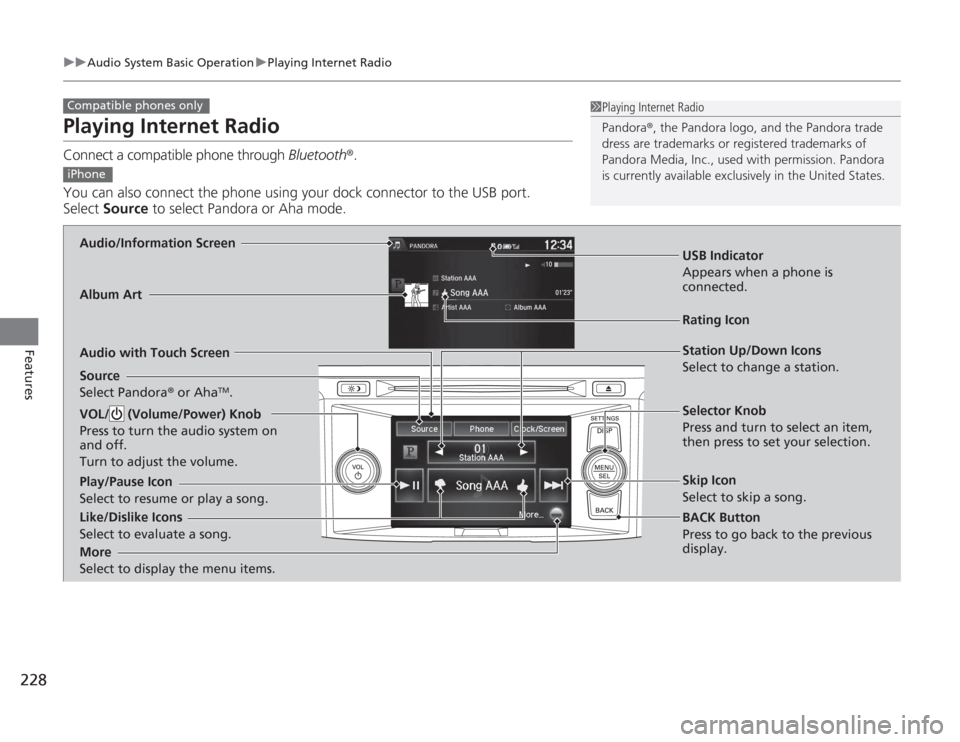 HONDA ACCORD 2014 9.G Owners Manual 228
uuAudio System Basic Operation uPlaying Internet Radio
Features
Playing Internet RadioConnect a compatible phone through Bluetooth®.
You can also connect the phone using your dock connector to t HONDA ACCORD 2014 9.G Owners Manual 228
uuAudio System Basic Operation uPlaying Internet Radio
Features
Playing Internet RadioConnect a compatible phone through Bluetooth®.
You can also connect the phone using your dock connector to t