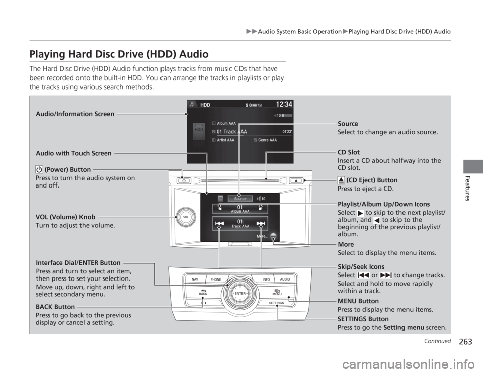 HONDA ACCORD 2014 9.G Owners Manual 263
uuAudio System Basic Operation uPlaying Hard Disc Drive (HDD) Audio
Continued
Features
Playing Hard Disc Drive (HDD) AudioThe Hard Disc Drive (HDD) Audio function plays tracks from music CDs that 