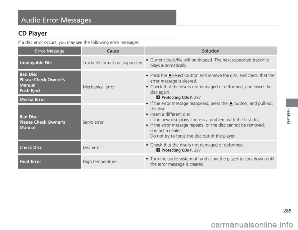 HONDA ACCORD 2014 9.G Owners Manual 289
Features
Audio Error MessagesCD PlayerIf a disc error occurs, you may see the following error messages.
Error Message
Cause
Solution
Unplayable File
Track/file format not supported
●
Current tra HONDA ACCORD 2014 9.G Owners Manual 289
Features
Audio Error MessagesCD PlayerIf a disc error occurs, you may see the following error messages.
Error Message
Cause
Solution
Unplayable File
Track/file format not supported
●
Current tra