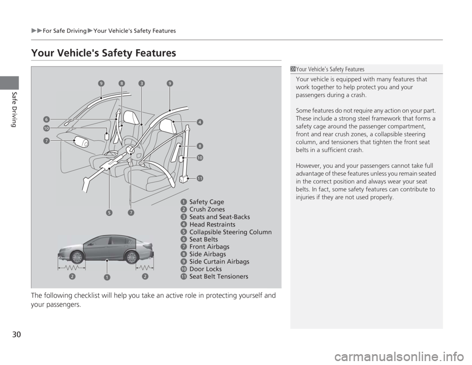 HONDA ACCORD 2014 9.G Owners Guide 30
uuFor Safe Driving uYour Vehicles Safety Features
Safe Driving
Your Vehicles Safety FeaturesThe following checklist will help you take an active role in protecting yourself and 
your passengers.
