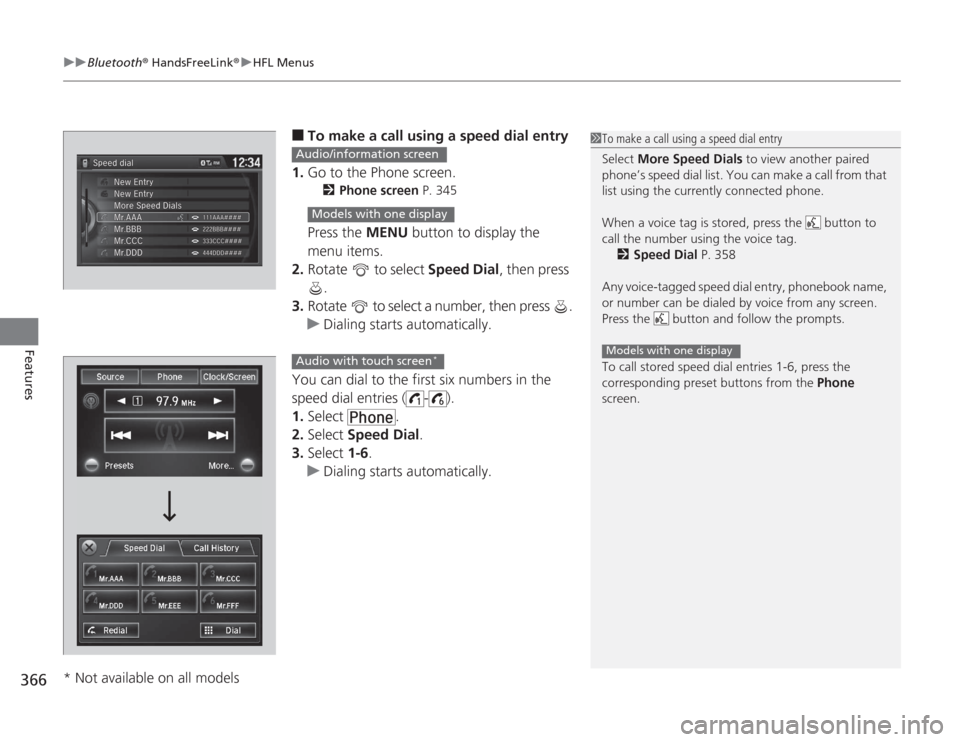 HONDA ACCORD 2014 9.G Owners Manual uuBluetooth ® HandsFreeLink ®u HFL Menus
366Features
■
To make a call using a speed dial entry
1. Go to the Phone screen.
2 Phone screen  P. 345
Press the MENU  button to display the 
menu items.
