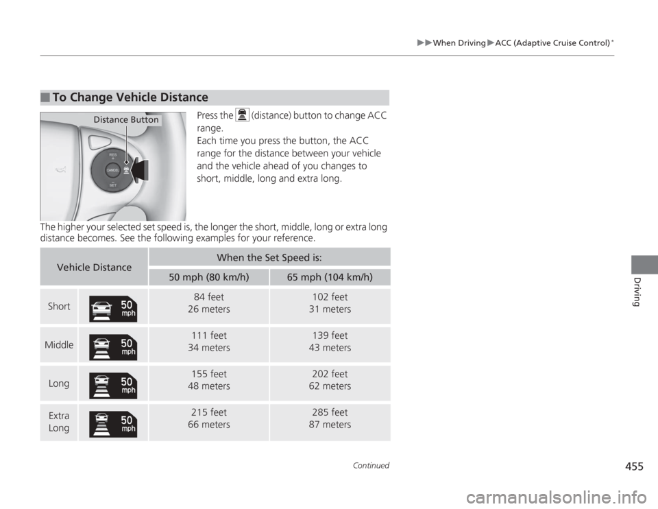 HONDA ACCORD 2014 9.G Owners Manual 455
uuWhen Driving uACC (Adaptive Cruise Control)
*
Continued
Driving
Press the (distance) button to change ACC
range.
Each time you press the button, the ACC
range for the distance between your v HONDA ACCORD 2014 9.G Owners Manual 455
uuWhen Driving uACC (Adaptive Cruise Control)
*
Continued
Driving
Press the (distance) button to change ACC
range.
Each time you press the button, the ACC
range for the distance between your v