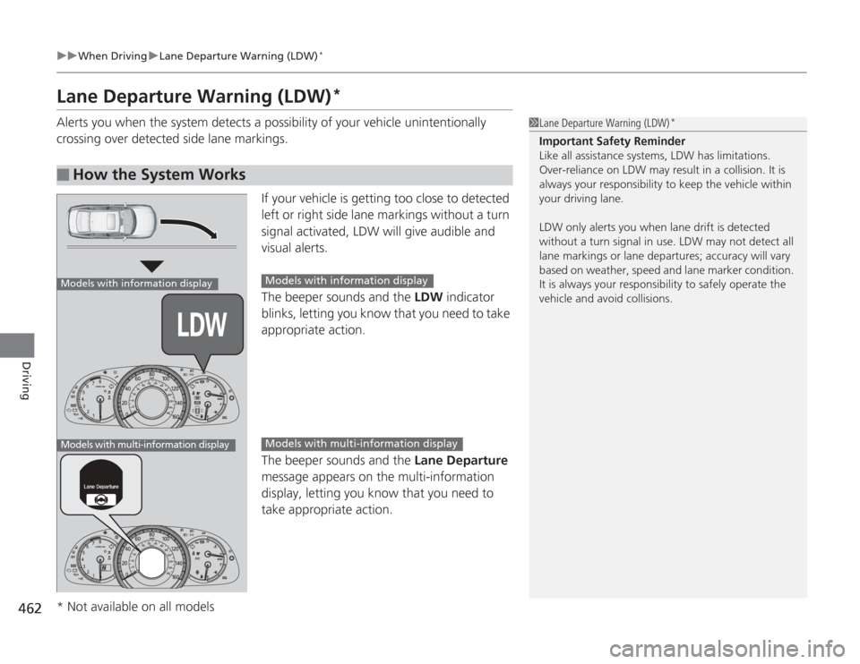 HONDA ACCORD 2014 9.G Owners Manual 462
uuWhen Driving uLane Departure Warning (LDW)
*
Driving
Lane Departure Warning (LDW)
*
Alerts you when the system detects a possibility of your vehicle unintentionally 
crossing over detected side 