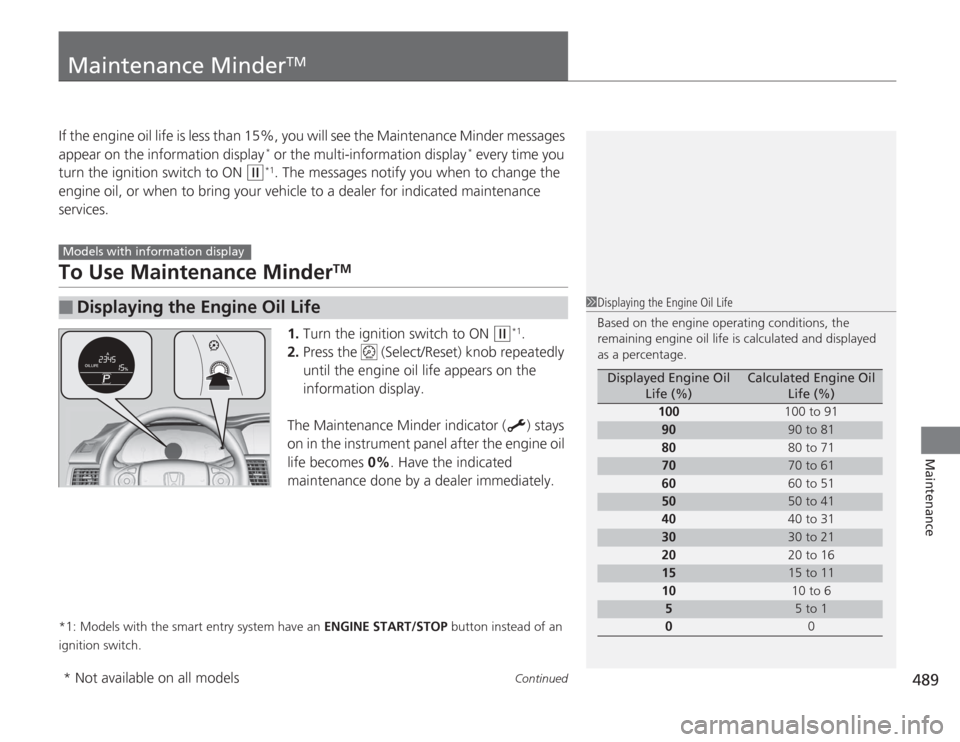 HONDA ACCORD 2014 9.G Owners Manual 489
Continued
Maintenance
Maintenance Minder
TM
If the engine oil life is less than 15%, you will see the Maintenance Minder messages
appear on the information display
* or the multi-information disp HONDA ACCORD 2014 9.G Owners Manual 489
Continued
Maintenance
Maintenance Minder
TM
If the engine oil life is less than 15%, you will see the Maintenance Minder messages
appear on the information display
* or the multi-information disp