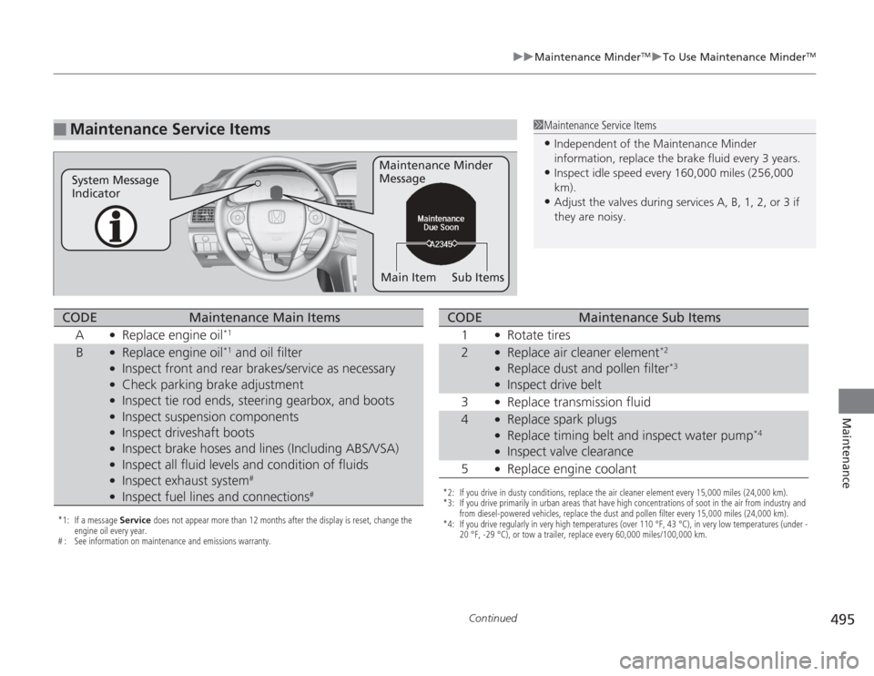 HONDA ACCORD 2014 9.G Owners Manual 495
uuMaintenance Minder
TMuTo Use Maintenance Minder
TM
Continued
Maintenance
■
Maintenance Service Items
1Maintenance Service Items•Independent of the Maintenance Minder 
information, replace th