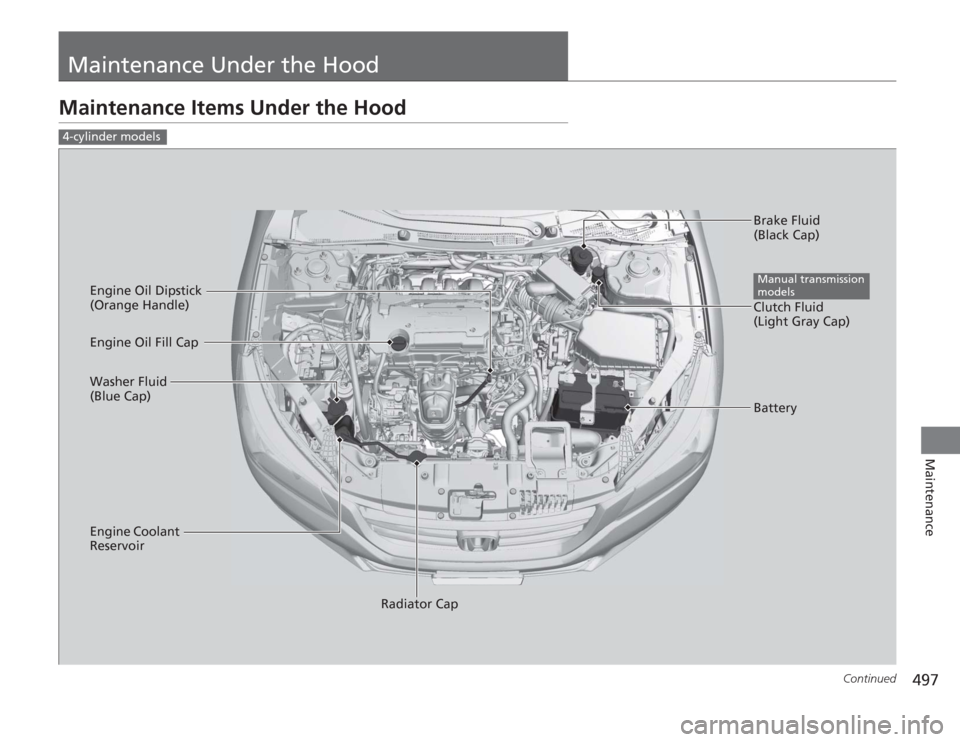 HONDA ACCORD 2014 9.G Owners Manual 497
Continued
Maintenance
Maintenance Under the HoodMaintenance Items Under the Hood4-cylinder models
Brake Fluid 
(Black Cap)
Engine Coolant 
Reservoir Radiator Cap
Washer Fluid 
(Blue Cap) Engine Oi