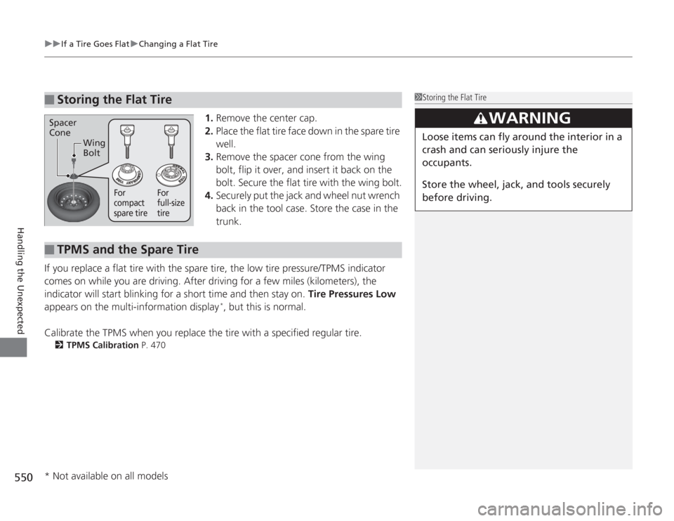 HONDA ACCORD 2014 9.G Owners Manual uuIf a Tire Goes Flat uChanging a Flat Tire
550Handling the Unexpected
1. Remove the center cap.
2. Place the flat tire face down in the spare tire 
well.
3. Remove the spacer cone from the wing 
bolt