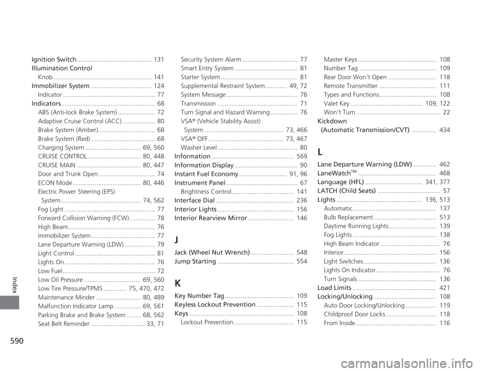 HONDA ACCORD 2014 9.G Owners Manual 590Index
Ignition Switch.......................................... 131
Illumination Control
Knob ....................................................... 141
Immobilizer System ........................