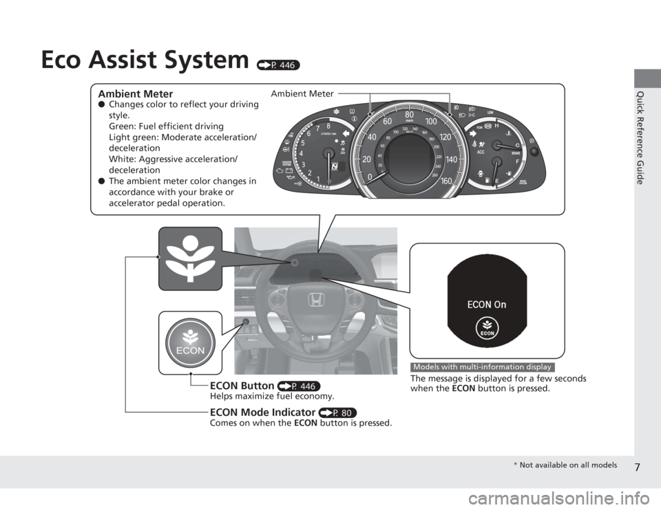 HONDA ACCORD 2014 9.G Owners Manual 7Quick Reference Guide
Eco Assist System
(P 446)
Ambient Meter●Changes color to reflect your driving
style.
Green: Fuel efficient driving
Light green: Moderate acceleration/
deceleration
White: Ag HONDA ACCORD 2014 9.G Owners Manual 7Quick Reference Guide
Eco Assist System
(P 446)
Ambient Meter●Changes color to reflect your driving
style.
Green: Fuel efficient driving
Light green: Moderate acceleration/
deceleration
White: Ag