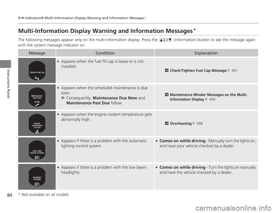 HONDA ACCORD 2014 9.G Owners Manual 84
uuIndicators uMulti-Information Display Warn ing and Information Messages
*
Instrument Panel
Multi-Information Display Warning and Information Messages
*
The following messages appear only on the m