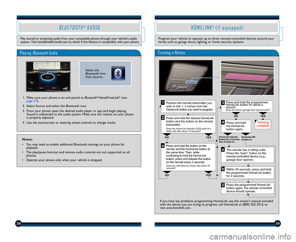 HONDA ACCORD SEDAN 2014 9.G Technology Reference Guide 3\b39
B L U E T O O T H®  A U D I O
Play stored or streaming audio from your compatible phone through your vehicle’s audio
system.  Visit handsfreelink.honda.com to check if this feature is compati