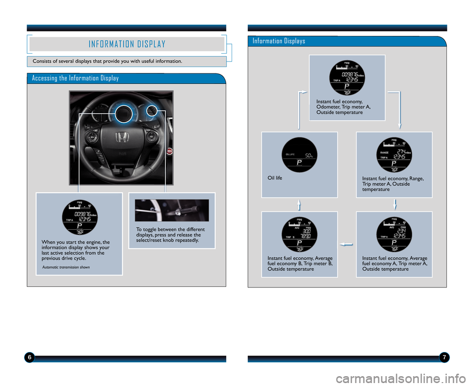 HONDA ACCORD SEDAN 2014 9.G Technology Reference Guide 67
Accessing the Information Display
Information DisplaysI N F O R M A T I O N   D I S P L A Y
Consists of several displays that provide you with useful information.
When you start the engine, the
inf