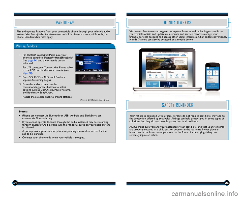 HONDA ACCORD SEDAN 2014 9.G Technology Reference Guide 2425
Play and operate Pandora from your compatible phone through your vehicle’s audio system.  Visit handsfreelink.honda.comto check if this feature is compatible with yourphone. Standard data rates