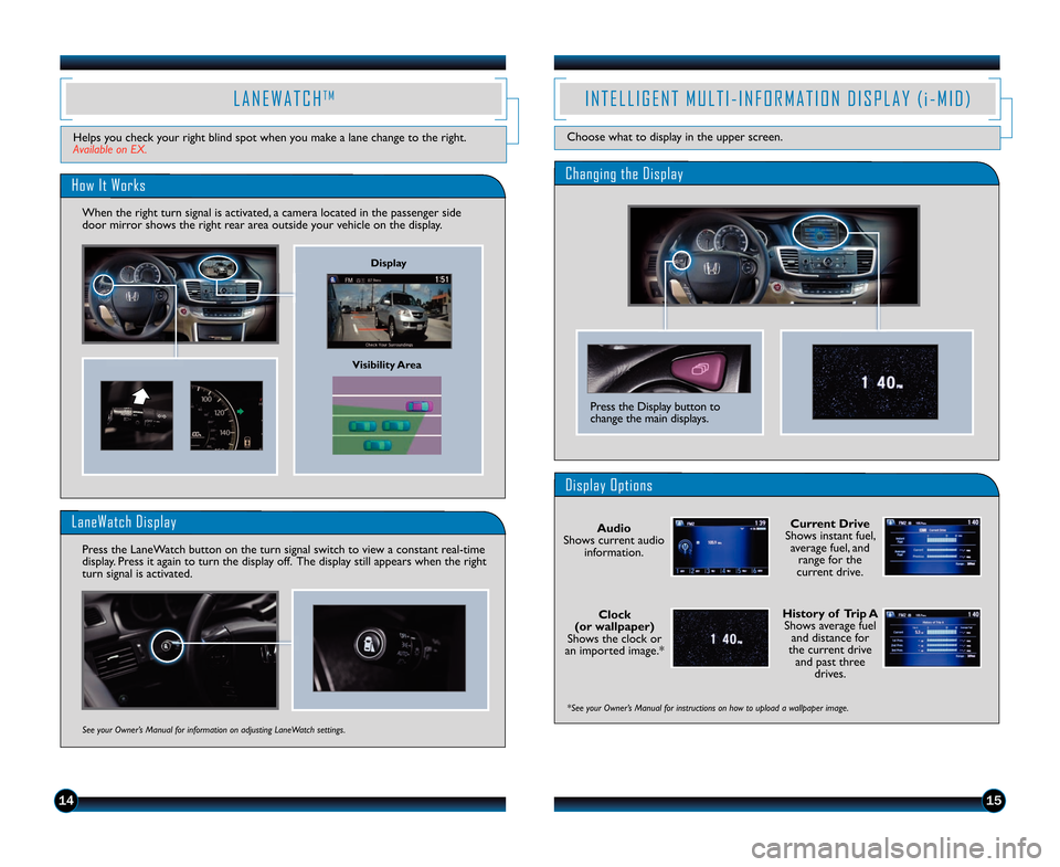 HONDA ACCORD SEDAN 2014 9.G Technology Reference Guide 1415
Current Drive
Shows instant fuel, average fuel, and range for the
current drive\b
History of  Trip \b Shows average fuel and distance for
the current drive and past three drives\b
*See your Owner