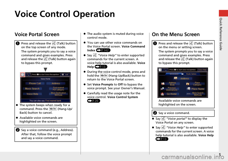 HONDA ACCORD 2015 9.G Navigation Manual 5
Quick Reference GuideVoice Control Operation
Voice Portal Screen
aPress and release the  d (Talk) button 
on the top screen of any mode.
The system prompts you to say a voice 
command and gives exam