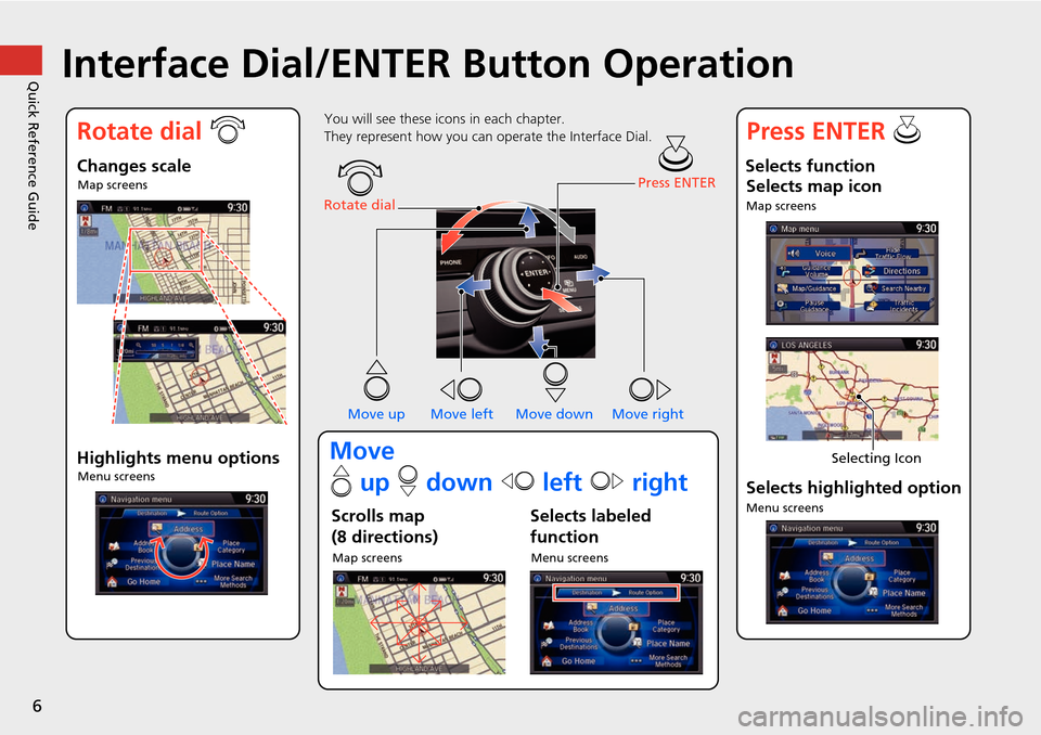 HONDA ACCORD 2015 9.G Navigation Manual 6
Quick Reference GuideInterface Dial/ENTER Button Operation
You will see these icons in each chapter.
They represent how you can operate the Interface Dial.
Changes scaleMap screens
Highlights menu o